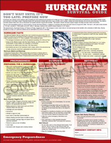 "Hurricane Survival Guide" emergency preparedness poster from Clement, detailing key survival information for before, during, and after a hurricane.