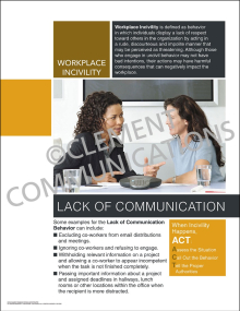 Workplace Incivility - Lack of Communication safety poster highlighting the negative impact of withholding project information or excluding team members.