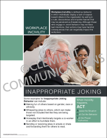 Workplace Incivility Inappropriate Joking poster addressing subtle forms of aggression and the importance of inclusion in the workplace.