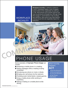 Workplace Incivility - Phone Usage safety poster reminding employees to avoid disruptive texting and mobile phone use during meetings and work hours.