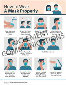 "How to Wear A Mask Properly" health safety poster from Clement, providing instructions on snug mask fit and hand hygiene to prevent illness.