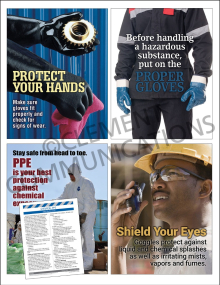 Chemical HazCom Focus Pack 3 including four 17" x 22" PPE safety posters and a comprehensive chemical safety meeting guide.