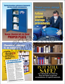 Chemical HazCom Focus Pack 5 including four 17" x 22" chemical storage safety posters and an OSHA-compliant meeting guide.