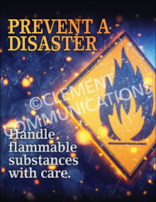 "Fire Safety - Prevent a Disaster" poster from Clement Communications, featuring a high-visibility warning and essential fire prevention reminders.