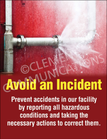 Workplace safety poster titled "Prevention: Avoid an Accident" featuring high-contrast text and graphic elements designed to encourage proactive hazard mitigation.
