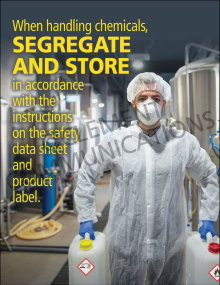 Chemical safety compliance poster titled "Segregate and Store" outlining proper chemical handling protocols using safety data sheets and product labels.