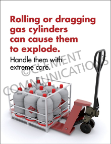 "Rolling or Dragging Cylinders" safety poster from Clement Communications, warning that improper handling of gas cylinders can cause them to explode.