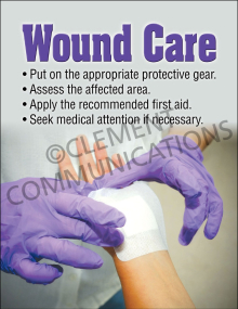 Wound Care first aid poster providing instructions on using gloves and applying direct pressure to a wound with a sterile dressing.