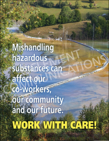 "Mishandling Hazardous Substances" safety poster from Clement Communications, illustrating the impact of chemical safety on co-workers, the community, and the future.