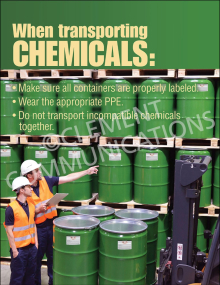 "Transporting Chemicals" safety poster from Clement Communications, illustrating the importance of proper labeling and secure handling during transit.