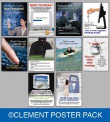 A bundle of cyber security awareness posters featuring tips on password safety, identifying phishing emails, and maintaining digital hygiene at work.