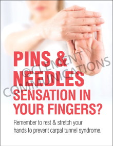"Ergonomics - Pins and Needles" safety poster from Clement, encouraging hand stretching and rest to prevent carpal tunnel syndrome.