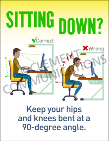 Ergonomics - Sitting Down safety poster illustrating proper seated posture, including 90-degree hip and knee angles, for workplace comfort and health.