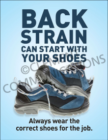 Back Strain Can Start With Your Shoes Safety Poster explaining the connection between proper footwear and back strain prevention in the workplace.