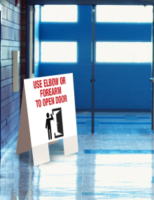 "Use Elbow or Forearm to Open Door" corrugated indoor floor sign from Clement, encouraging touchless door opening to prevent the spread of germs.