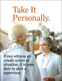 Workplace safety culture poster titled "Take It Personally" highlighting employee duty to alert supervisors about unsafe acts and workplace hazards.