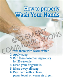 Workplace hygiene compliance poster titled "How to Properly Wash Your Hands" detailing a six-step cleaning process with high-contrast text and icons.