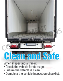 "Clean and Safe Trailer" safety poster from Clement, highlighting the importance of inspecting trailers for damage and maintaining cleanliness.