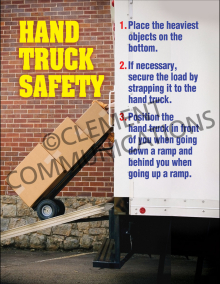 Workplace safety poster outlining correct methods for loading, balancing, and moving goods securely using a manual hand truck or dolly.