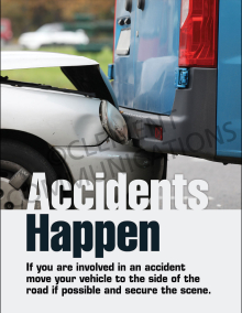 Accidents Happen safety poster providing instructions on moving vehicles to the side of the road and securing the scene after an accident.