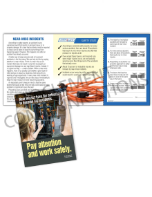 Workplace safety pocket guide and integrated quiz card titled "Near-Miss Incidents" detailing hazard prevention strategies and reporting protocols.