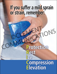 "Sprains and Strains" safety poster from Clement, detailing the PRICE recovery method (Protection, Rest, Ice, Compression, Elevation).