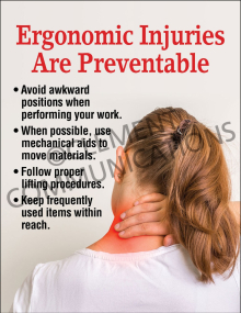 Workplace ergonomics safety poster from the Powerful Posters collection detailing guidelines on proper lifting procedures and avoiding awkward body positions.