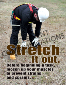 Health - Stretching workplace safety poster illustrating the importance of loosening up muscles to prevent strains and sprains.