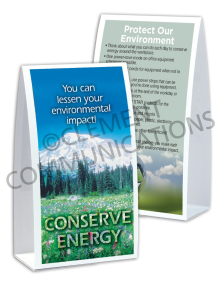 Workplace environmental safety table-top tent card titled "Conserve" featuring resource management tips and guidelines for reducing facility energy impact.