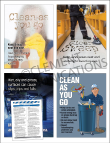 Housekeeping Focus Pack 1: General featuring four 17" x 22" workplace safety posters and a comprehensive housekeeping training meeting guide.