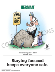 Herman Workplace safety poster titled "General Safety: Stay Focused" featuring bold text and imagery emphasizing the importance of alertness and concentration on the job.