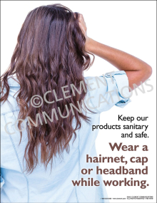 Hygiene compliance poster titled "Wear a Hairnet" featuring a clear visual icon of a worker wearing a protective hairnet to maintain workplace sanitation.