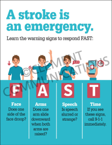 "A Stroke is an Emergency" health safety poster from Clement, teaching the F.A.S.T. warning signs for stroke recognition and response.