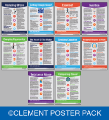 A bundle of employee wellness posters featuring tips on healthy eating, stress management, hydration, and physical activity to improve workplace health.