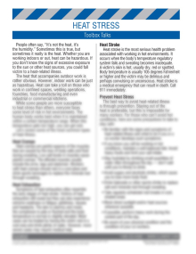Heat Stress-Illness Toolbox Talk training sheet featuring a safety meeting guide and an employee review quiz for indoor and outdoor heat hazards.