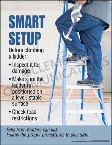 Industrial ladder safety compliance poster titled "Smart setup before climbing a ladder" outlining pre-climbing inspection and stabilization procedures.