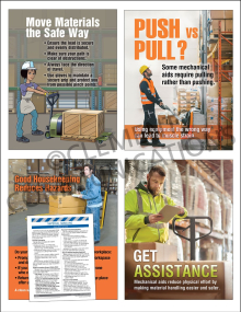 Warehouse Safety Focus Pack 3: Material Handling containing 4 safety posters and a comprehensive training meeting guide for warehouse staff.
