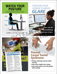 Ergonomics Focus Pack 4: Office Safety featuring four 17" x 22" office safety posters and a comprehensive ergonomics meeting guide.