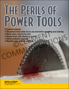 "The Perils of Power Tools" safety poster from Clement Communications, designed to remind employees of the risks and safety protocols for power equipment.