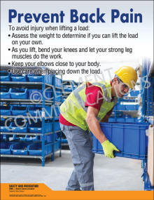 Prevent Back Pain safety poster featuring a critical reminder for employees to assess the weight of a load before attempting to lift it alone.