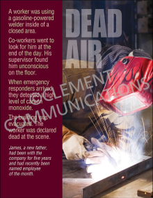 Workplace safety poster titled "Dead Air" warning workers about the colorless, odorless dangers of carbon monoxide when using gasoline-powered equipment.