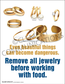 Workplace safety poster titled "Remove All Jewelry" showing graphic warnings about the dangers of rings, watches, and necklaces getting caught in moving machinery.