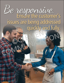 Workplace performance and customer relations poster titled "Be responsive" featuring motivational typography about resolving customer issues quickly and fully.