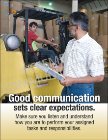 Workplace communication and safety poster titled "Good Communication Sets Clear Expectations" highlighting listening and task responsibility.