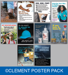A bundle of safety and health posters from Clement, featuring various designs focused on physical safety protocols and employee wellness tips.