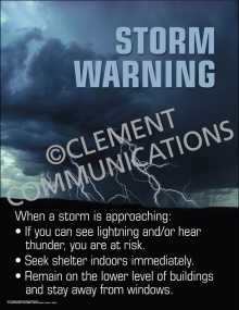 Storm Warning safety poster emphasizing the importance of preparedness, having a plan, and staying informed before severe weather strikes.
