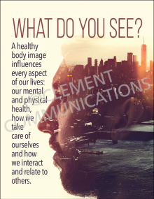 Workplace wellness and mental health poster titled "What Do You See?" featuring supportive text about how a healthy body image impacts mental and physical health.