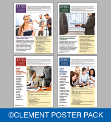 Workplace conduct compliance training pack featuring four laminated "Sexual Harassment Awareness" posters addressing inappropriate behavior on the job.