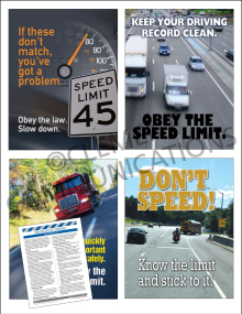 Fleet defensive driving safety training pack titled "Speeding" featuring a manager meeting guide and four high-visibility roadside compliance posters.
