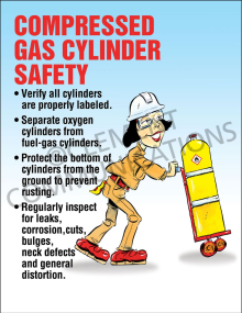 "Compressed Gas Cylinder Safety" poster from Clement, emphasizing the importance of verifying proper labels on all gas cylinders.